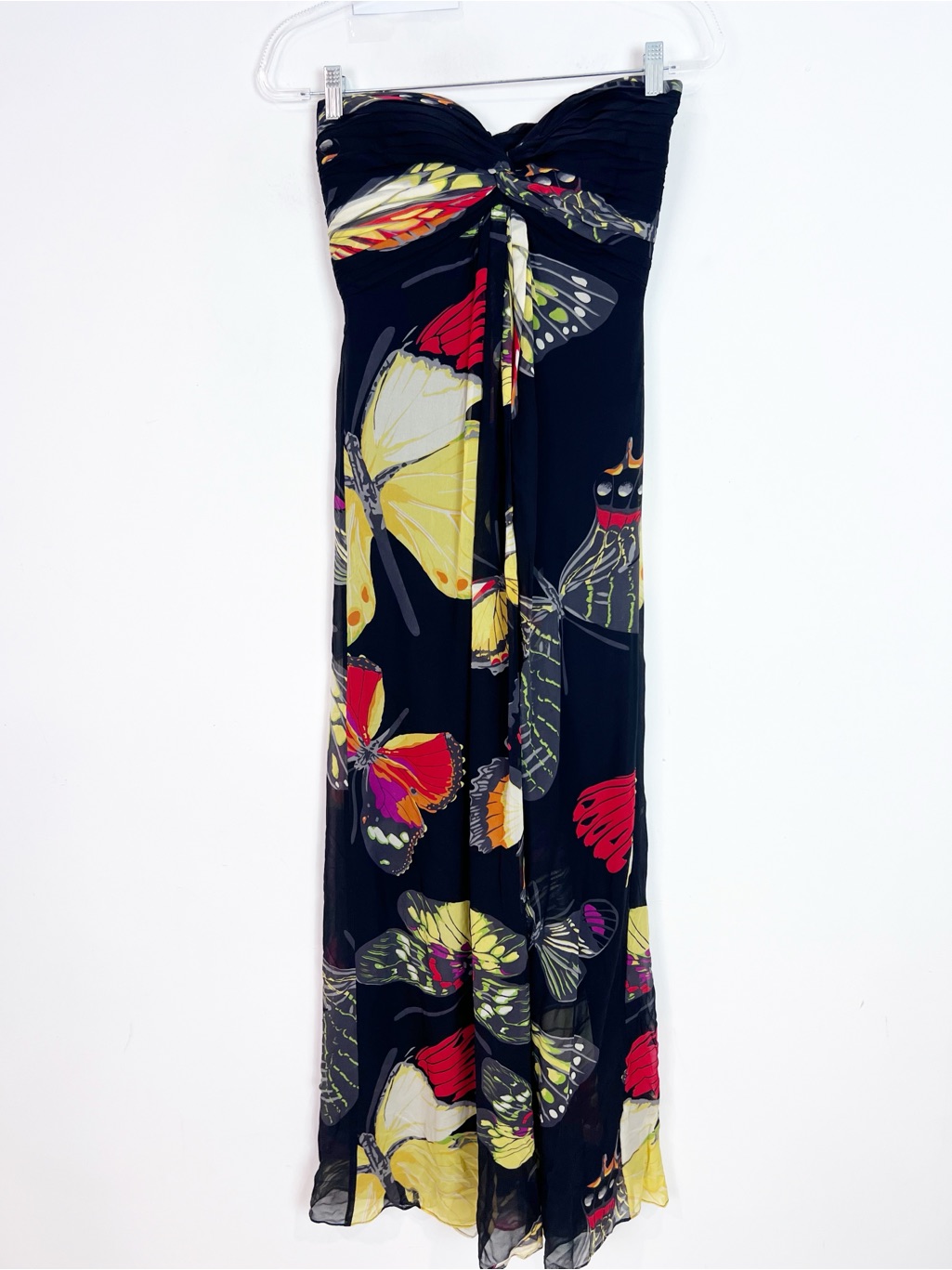 Tadashi Shoji Black Yellow Red Butterfly Print Strapless Maxi Dress Sz 6